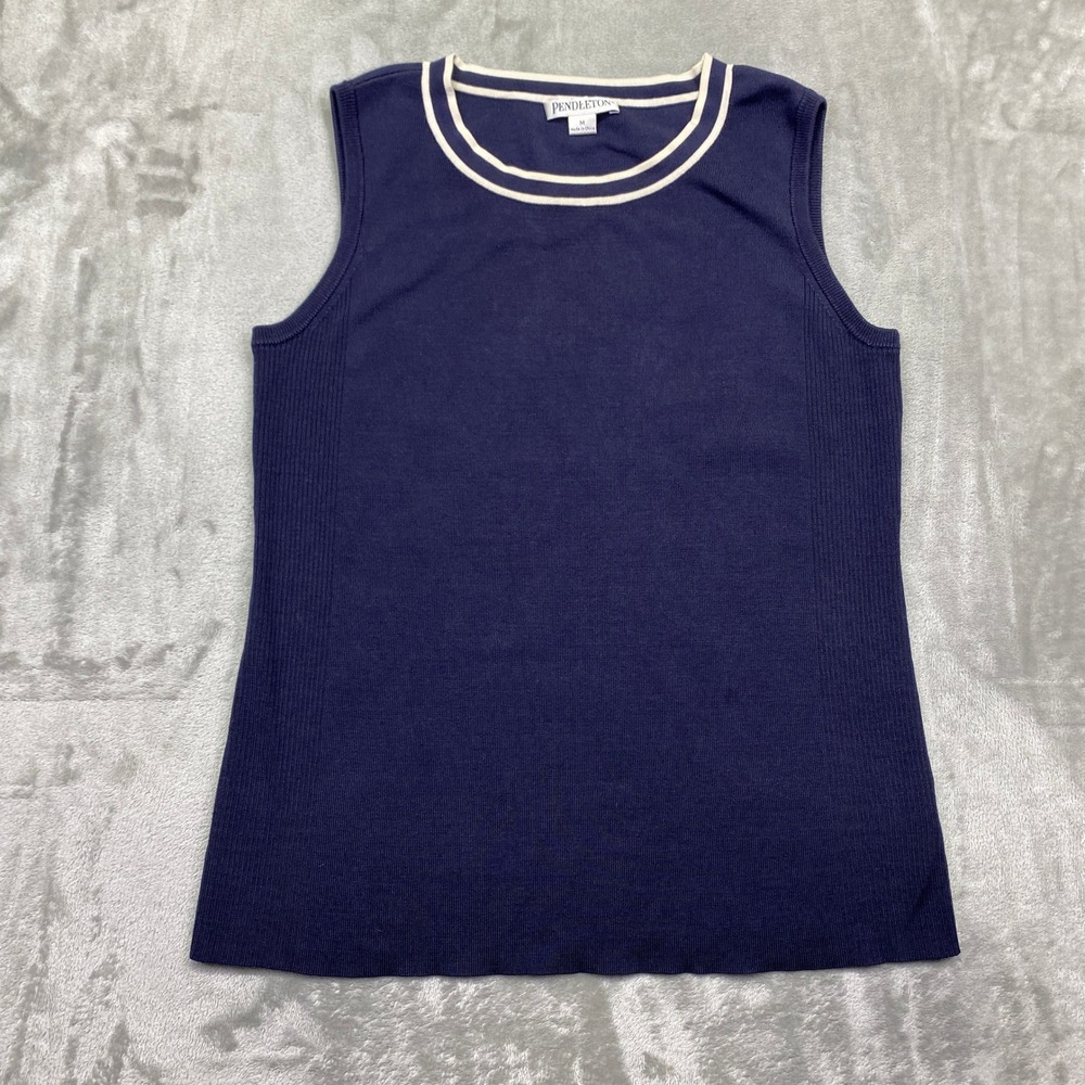 Pendleton Navy Blue Sleeveless Knit Top Silk Cream Trim Size M Sweater Grunge